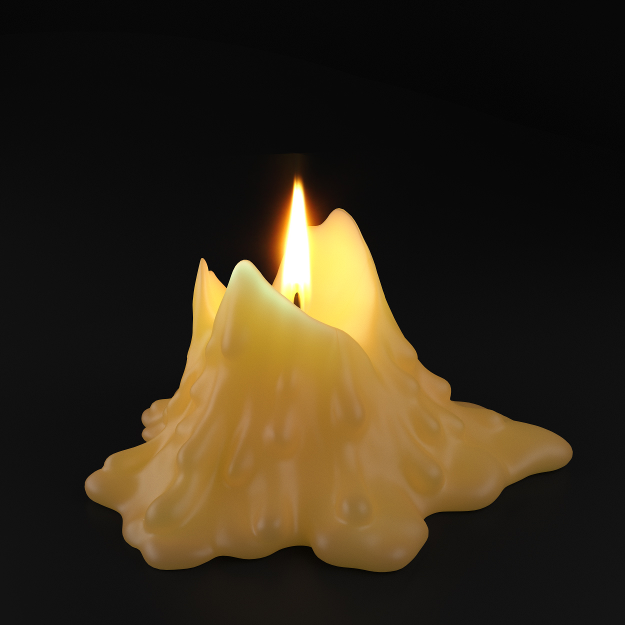 Realistic melted candle digital sculpture with flowing wax designed for atmospheric interior visualization, fantasy environments, and cinematic scenes.